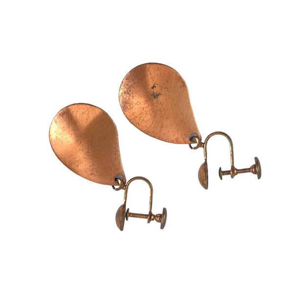 Vintage Copper and Green Enamel Dangle Screw Back Earrings - Picture 3 of 9